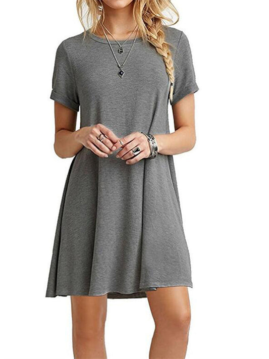 Summer Round Neck Short-sleeved Dress Women's New Hot Solid Color Dresses