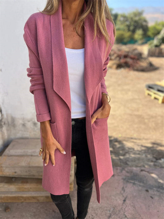 Women's Fall and Winter Lapel Mid-length Knitted Cardigan Thin Tweed Jacket