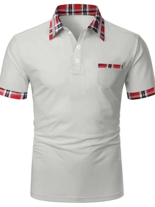 Summer Men's Casual Street Tide Patchwork Color Collision Plaid Short-sleeved Button Pocket Loose Lapel Polo Shirt