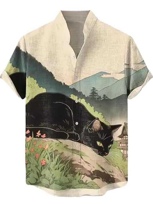 Men's Summer 3D Animal Print Fashionable Short-Sleeve Stand-Collar Shirt 2