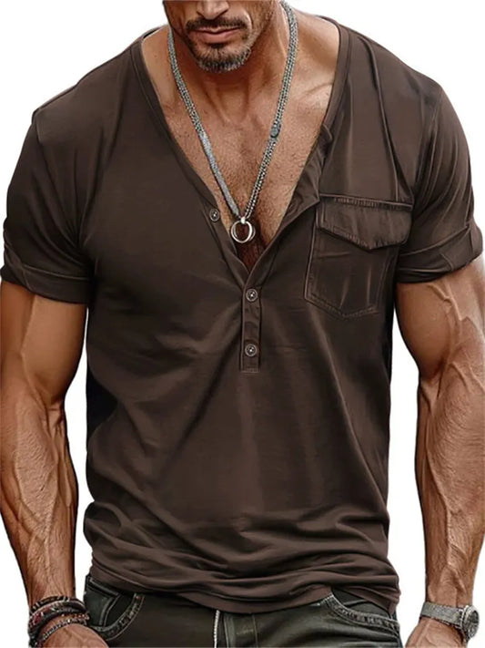 Men's V-neck Summer Loose-Fit Retro Pocket Henley Short-Sleeve T-Shirt