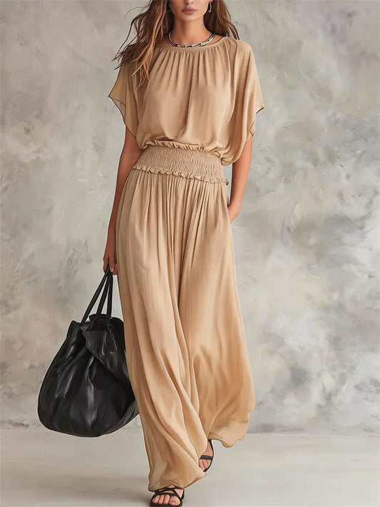 New Summer Collection Elegant Waist-Cinched Long Batwing-Sleeve Dress