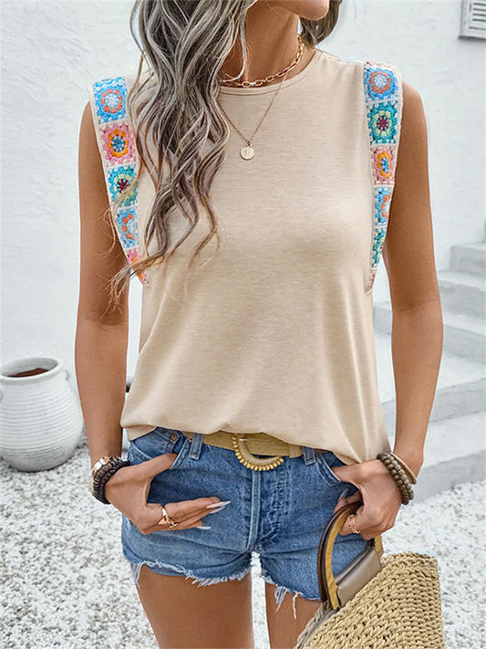 Women's New Loose-fitting Top with Individual Ethnic Style Round Neck Ribbon T-shirt