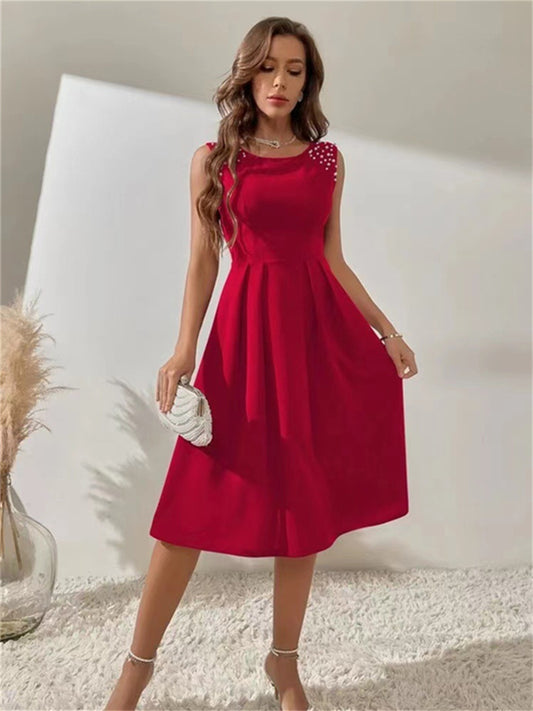 Women's Solid Color Slim Round Neck Beaded Sleeveless Dress Red Black Blue S M L XL
