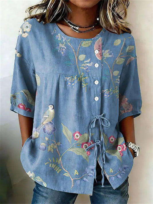 New Women's Loose-Fit Mid-Sleeve Button-Down Shirt with Drawstring and Print
