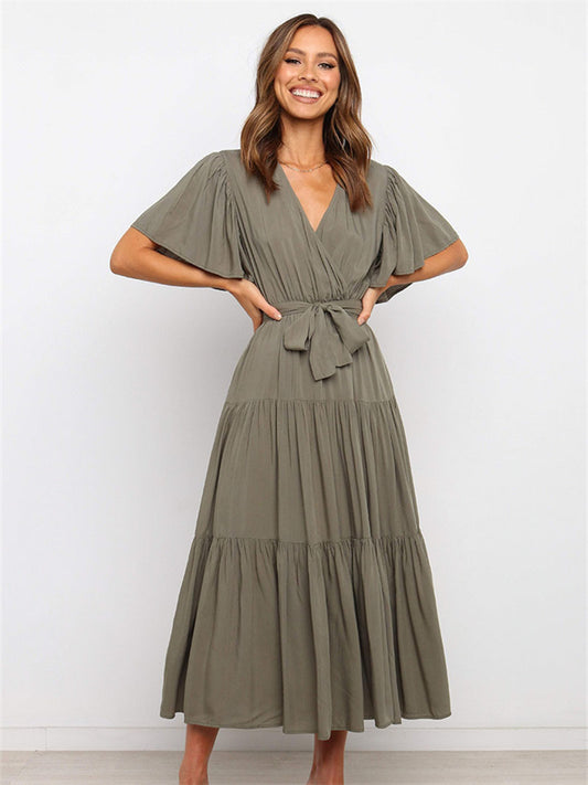 Summer Women's Short-sleeved Lace-up Range Dress Long Dress Solid Color Casual Swing Skirt