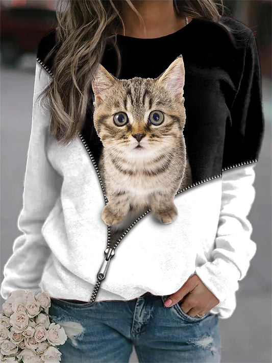 Women's Plus Size Tops Pullover Sweatshirt Hoodie Sweatshirt Animal Cat Print Long Sleeve Crew Neck Streetwear Casual Holiday Hoodie Daily Vacation Polyester Winter Fall Blue khaki