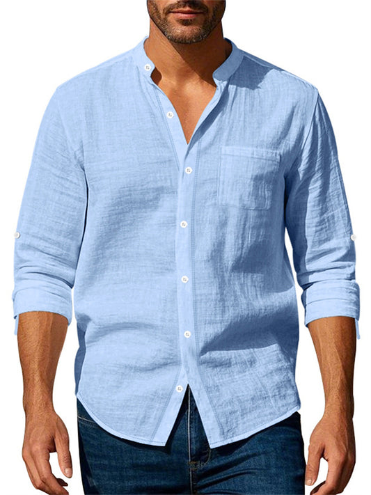 Spring and Fall Linen Shirt Long-sleeved Stand-up Collar Casual New Shirt Men's Shirt