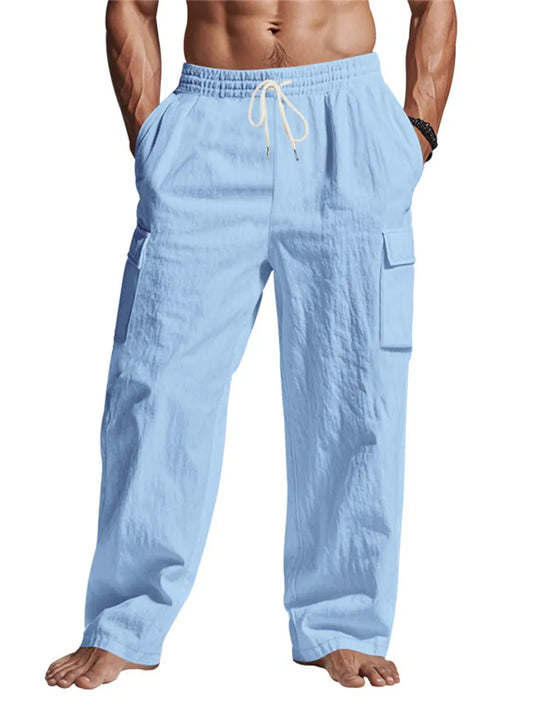Men's Workwear Multi-Pocket Straight-Leg Linen Pants Relaxed Fit Solid Color