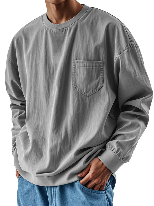 New Large Size Shirts Men's Loose Trend of Long-sleeved Solid-color T-shirt
