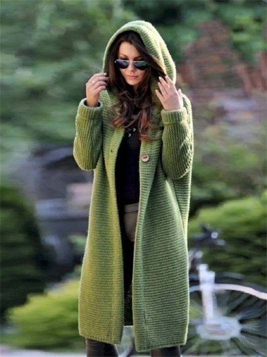 Women's Cardigan Knitted Button Plain Solid Color Stylish Basic Casual Long Sleeve Loose Sweater Cardigans Hooded Fall Winter Green Blue Gray / Chunky