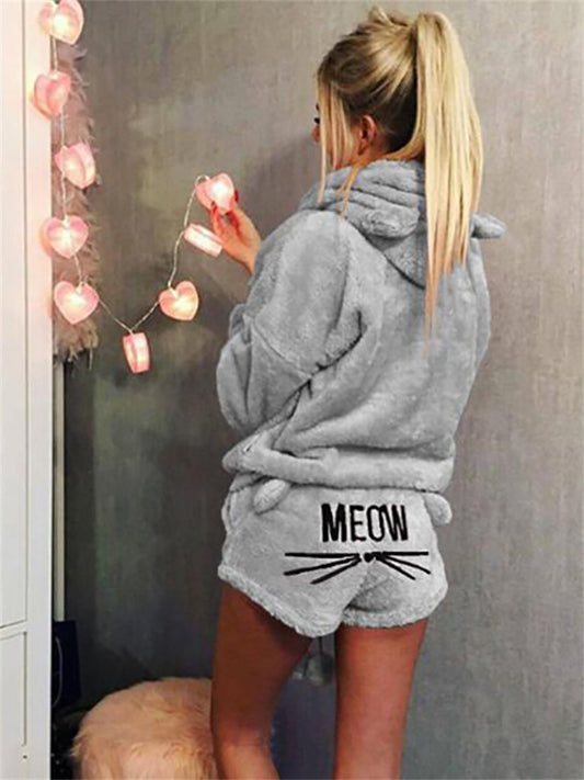 Women's Plus Size Loungewear Sets Sweatsuit 2 Pieces Animal Cat Warm Comfort Plush Home Street Daily Fleece Hoodie Long Sleeve Hoodie Shorts Elastic Waist Winter Fall Pink Navy Blue