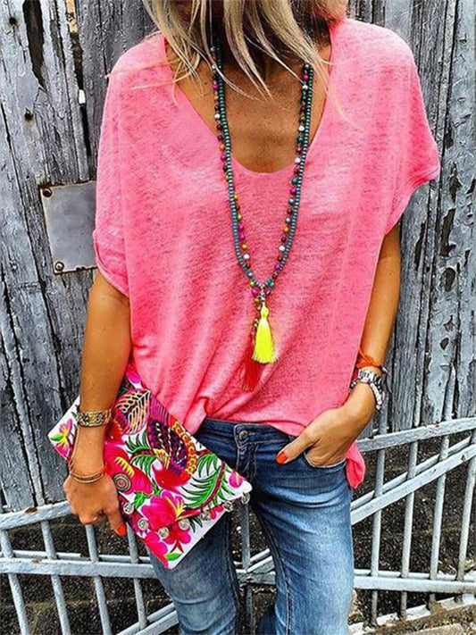 Women's New Summer V-neck Solid Color Short-sleeved T-shirt