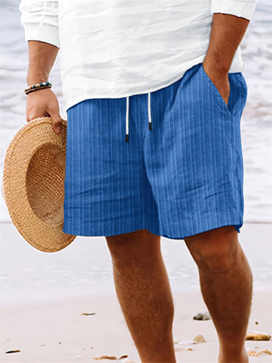 Men's New Cotton Linen Shorts Multi-pocket Models Tie Rope Men's Striped Beach Pants