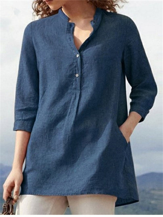 New Arrival Summer Casual Stand-Up Collar Loose-Fit Women’s Cotton-Linen Shirt