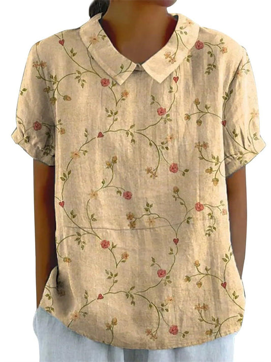 Summer New Shirt Women's Short-sleeved Creative Retro Flowers Cute Wind Short-sleeved Shirt Collar T-shirt