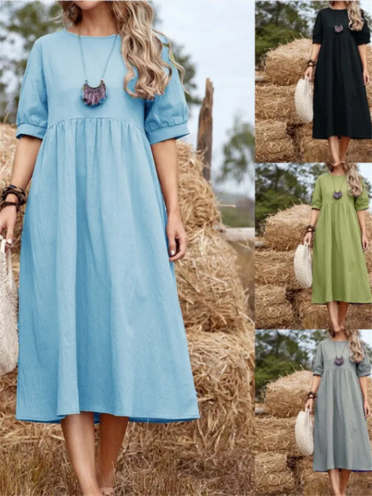 Women's High Waist Round Neck Solid Color Loose Waist Mid-length Skirt Cotton Linen Dress A-line Dress S,M,L,XL,XXL