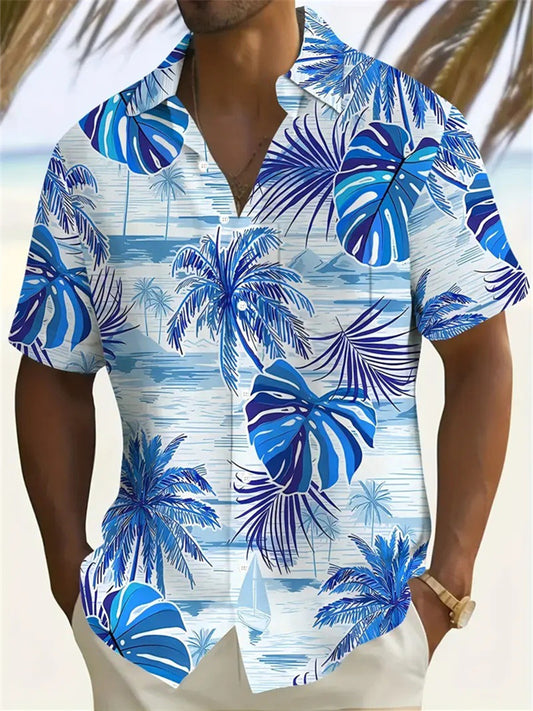 Men's New Short-Sleeve Shirt with Coconut Tree Hawaiian 3D Print Collared Shirt