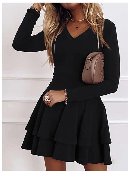 Women's Party Dress Black Dress Black Red Wine Dark Blue Long Sleeve Pure Color Ruffle Fall Spring V Neck Winter Dress Fall Dress Slim 2022 S M L XL XXL