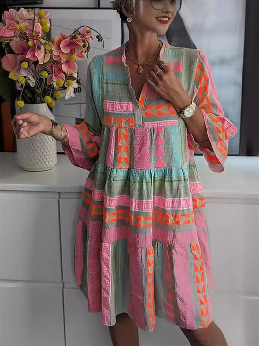 Women's New Arrival Fall Print V-Neck Three-Quarter Sleeve Dress