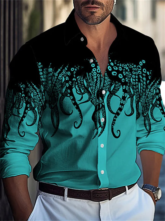 Men's Shirt Trend New Octopus Pattern Printing Men's Casual Cardigan Long-sleeved Shirt