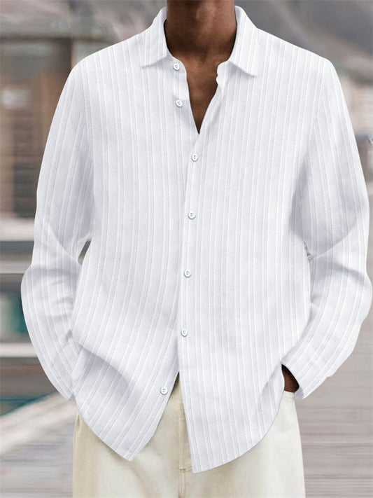 Explosive Four Seasons Long-sleeved Lapel Loose Type Buttons Cotton Linen Striped Cardigan Shirt Men's Clothing