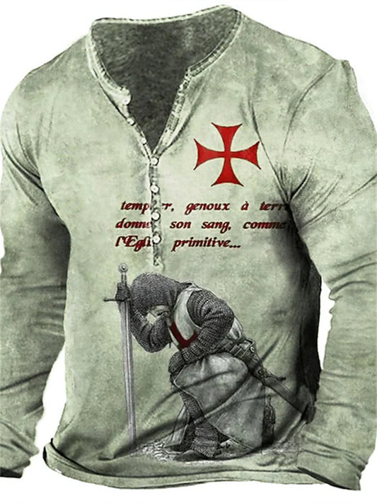 Men's Henley Shirt T shirt Tee Tee Graphic Templar Cross Soldier Henley Green Blue Light Green Khaki Red 3D Print Plus Size Outdoor Daily Long Sleeve Button-Down Print Clothing Apparel Basic Classic