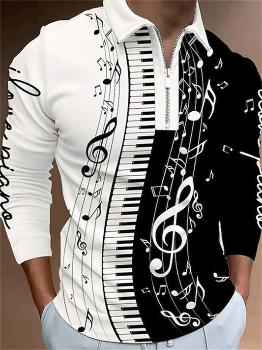 Men's Polo Shirt Golf Shirt Graphic Notes Turndown Black / White Yellow Red Blue Orange 3D Print Outdoor Street Long Sleeve Zipper Print Clothing Apparel Fashion Casual Breathable