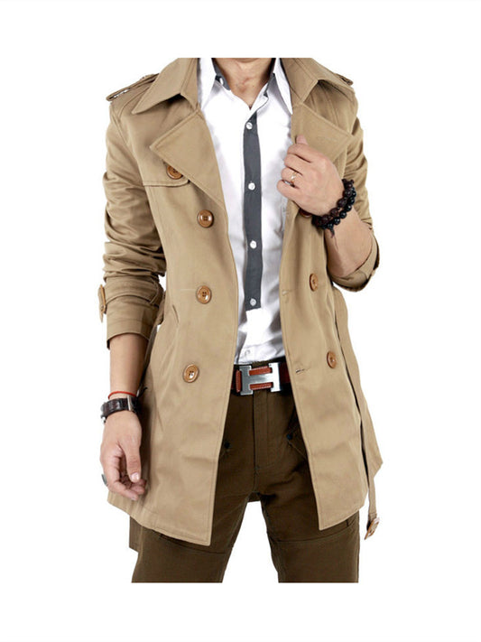 Men's New Mid-Length Trench Coat Solid Color Double-breasted Trench Coat