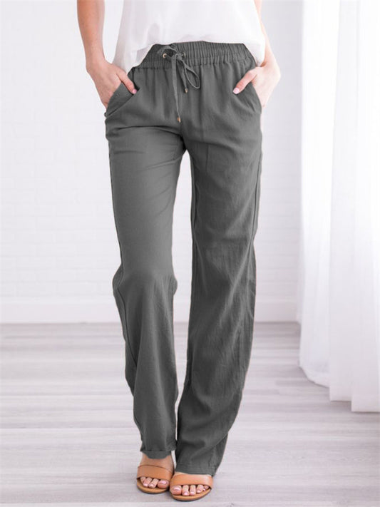 Summer Women's Solid Color Cotton Linen Drawstring Loose Casual Wide Leg Pants