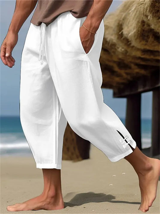 Men's Linen Summer Long Pants Beach Pants Solid Color Split-Leg Casual Vacation Pants