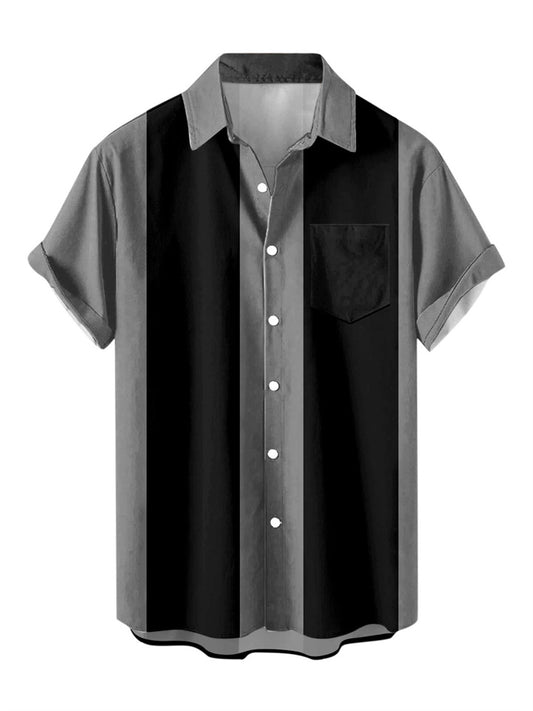 Men's Shirt Bowling Shirt Button Up Shirt Summer Shirt Black-White Black / Gray Blue Short Sleeve Color Block Turndown Outdoor Street Button-Down Clothing Apparel Fashion 1950s Casual Breathable