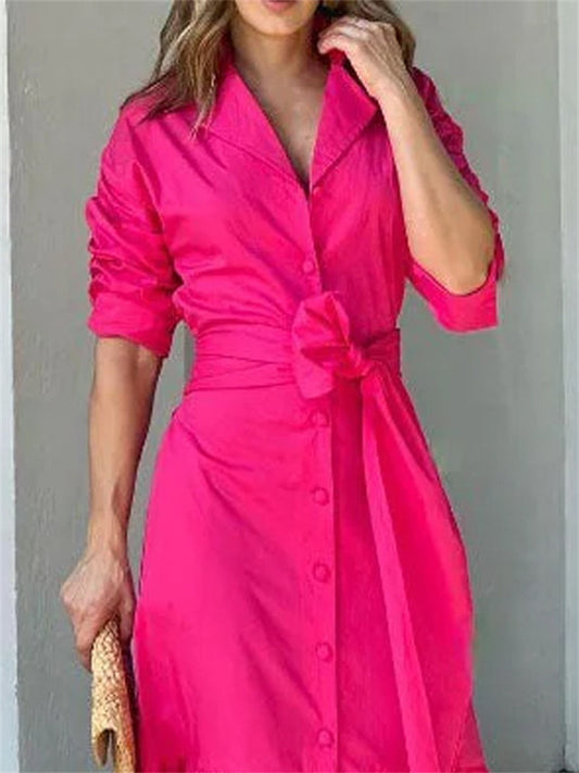 Solid Color Lapel Belt Long Dress