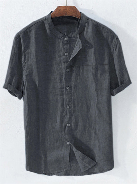 Men's Linen Shirt Summer Shirt Beach Shirt Apricot Black White Short Sleeve Plain Standing Collar Summer Spring Outdoor Daily Clothing Apparel Button-Down