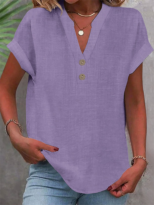 Summer Solid-Color Stand-Up Collar Button-Down Short-Sleeve Women's Shirt