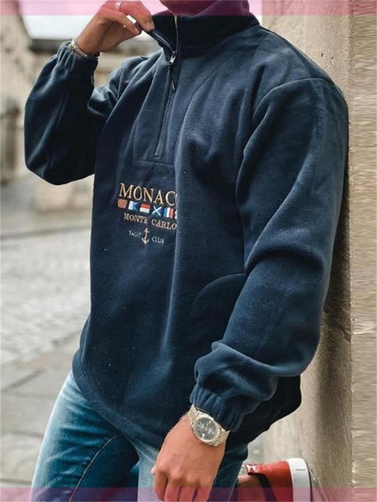 Padded Stand-up Collar Letters Embroidery Long Sleeve Thickened Loose Pullover Casual Men's Zipper Shaker Sweater
