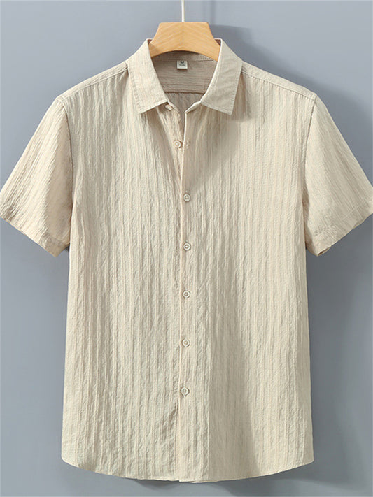 Summer Men's Solid Color Shirt Casual Loose Cotton Short Sleeve Shirt