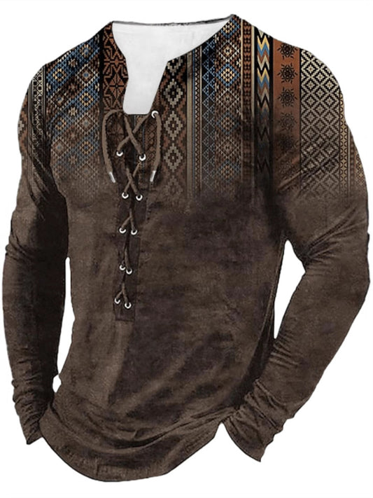 Men's Vintage Metal Eyelet Tie-Front Long Sleeve T-Shirt Autumn Printed Casual Top