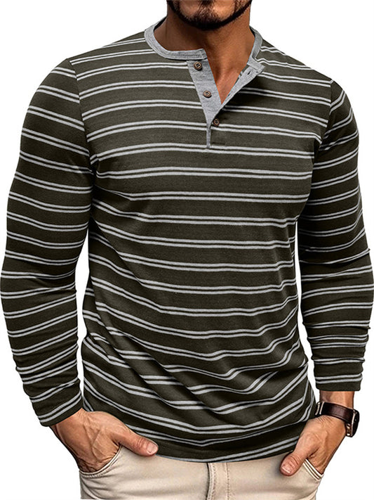 Men's Oversized Long-Sleeve T-shirt for Fall/Winter Men's Striped Henley Top