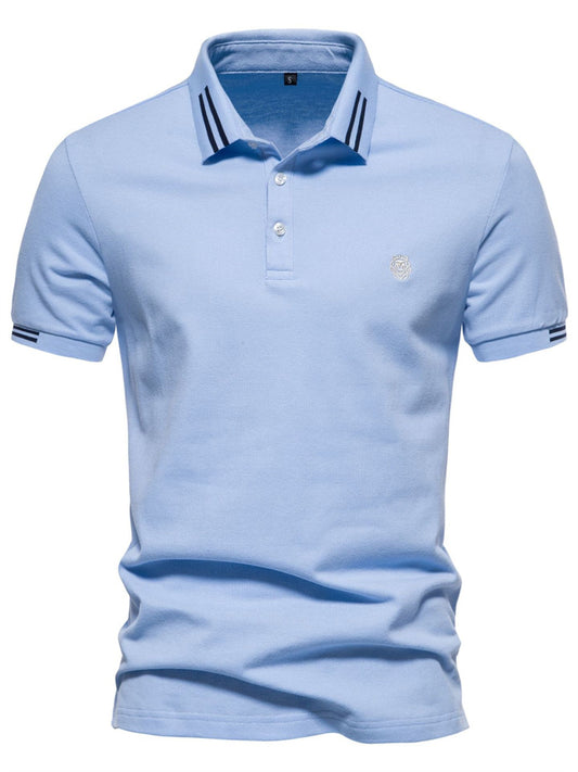Summer New Lapel Striped Decorative Cotton Slit Polo Shirt Embroidered Casual Men's Solid Color Short-sleeved Tops