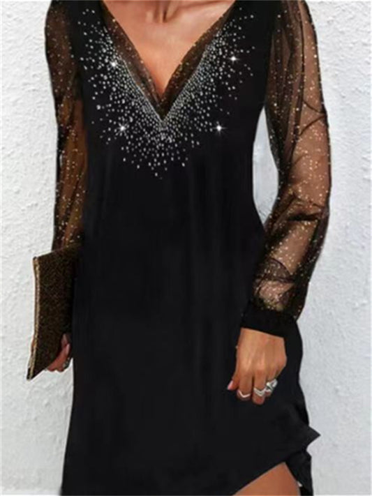 Women's Casual Dress Black Dress Mini Dress Black Long Sleeve Print Mesh Fall Spring Autumn Deep V Stylish Winter Dress Date Fall Dress 2022 S M L XL XXL 3XL