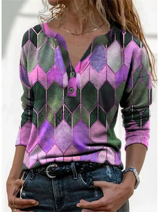 Women's New Fall and Winter Color Collision Printing V-neck Long-sleeved T-shirt Bottoming Shirt Women's Clothing