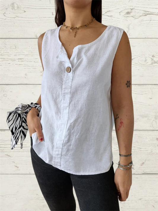 Summer New Women's Undershirt Casual Loose Cotton T-shirt Buttons Tops