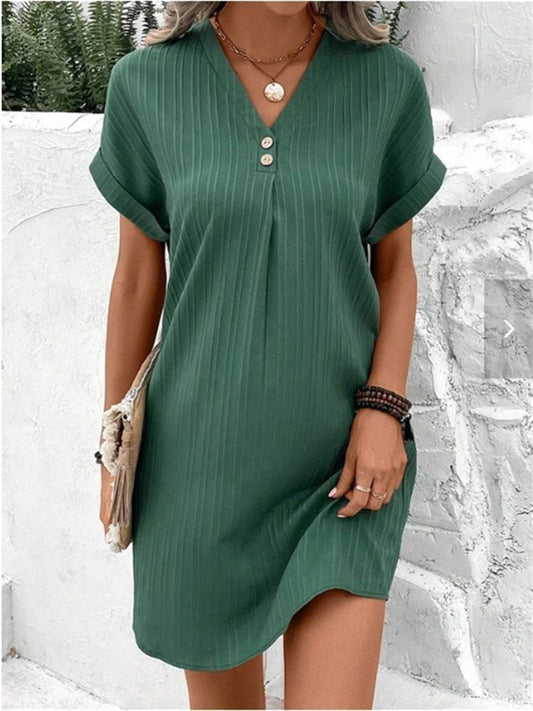 Women's New V-neck Solid Color Casual Dress A-line Dresses