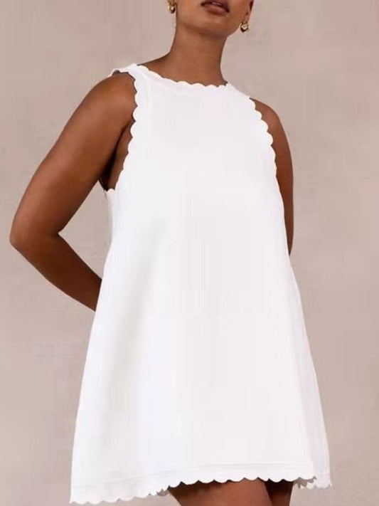 Casual Cotton And Linen Solid Color Embroidered Flounces Women's Dress White Dresses