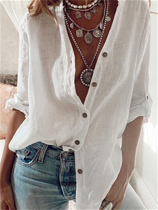 Long Sleeve Solid Shirts Plus Size Blouses Linen