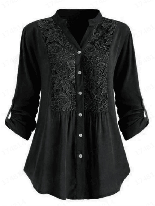 Women's Plus Size Tops Tunic Shirt Plain Lace Long Sleeve Lace Trims V Neck Basic Daily Weekend Cotton Fall Winter Green White