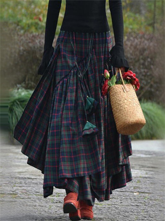 Fall New Arrival Women's Long Skirt with Asymmetric Wide Hem Plaid Dress
