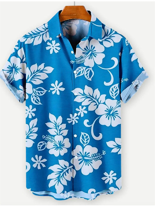 Hawaiian Men's 3D Digital Print Casual Floral Striped Short-Sleeve Button-Down Shirt
