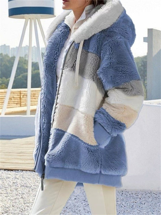 Autumn and Winter Women's Warm Plush Quilted Zipper Hooded Loose Jacket